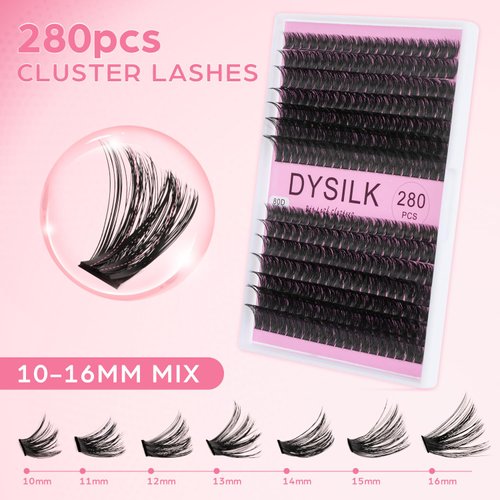 DYSILK Lash Clusters, 280 Pcs Fluffy Cluster Lashes DIY Cluster Eyelash Extensions Volume Reusable Individual Lashes Cluster Wispy Look Super Thin Band & Soft(Fluffy, D-10-16mix)