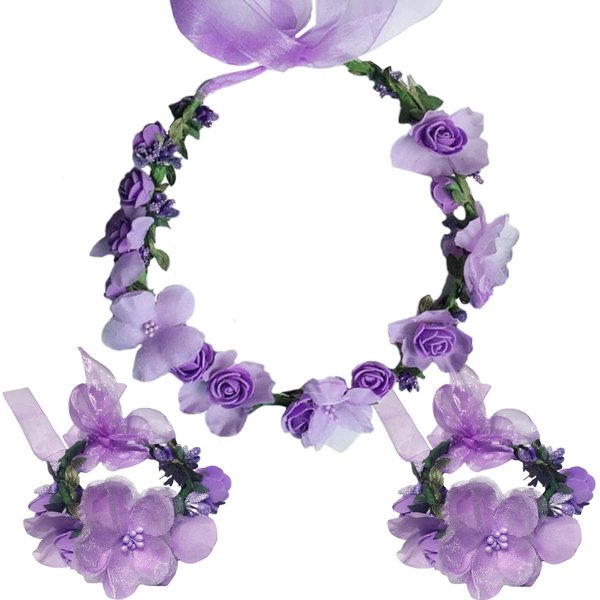 Flower Crown Headband Wristbands Rose Wreath Garland Hair Bands Wrist Bands Floral Wedding Bridal Hair Hoop Bracelet Women Leaf Ribbon Adjustable Handmade Rattan Vine Hair Accessories 3 Pack Purple