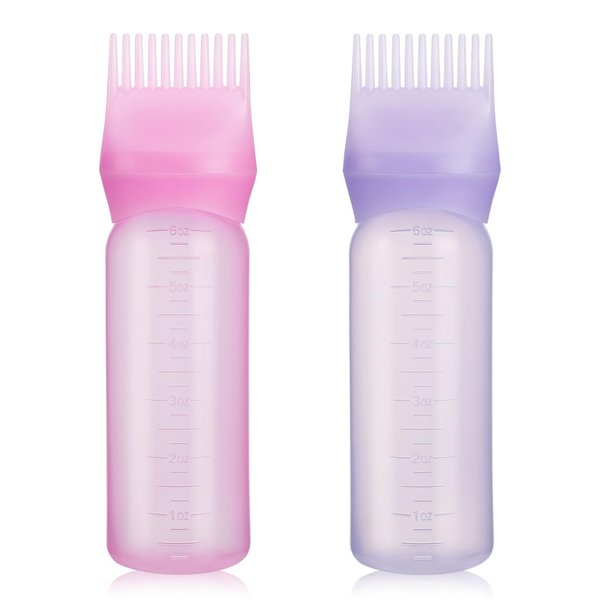 Pimoys 2 Pack Root Comb Applicator Bottle 6 Ounce Oil Applicator for Hair Dye, Hair Oiling Applicator Brush with Graduated Scale, Pink and Purple