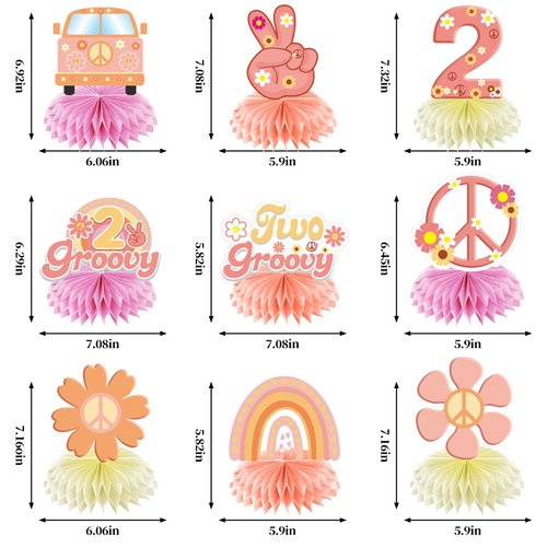 Two Groovy Party Decorations Table Honeycomb Centerpieces for Girls, 9 Pcs Groovy Birthday Theme Table Topper Party Supplies, 60s Retro Hippie Boho Party Decor 2nd Birthday Supplies