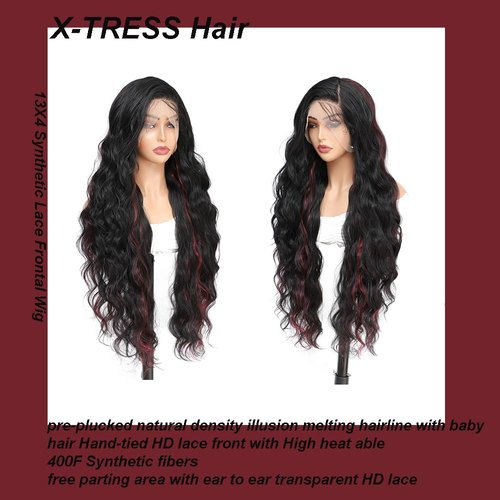 X-TRESS Red Higlight HD Lace Front Wig 32Inch Body Wave Glueless Synthetic Lace Front Wigs for women Preplucked Ready to Wear with Baby Hair Free Part for Daily Party Use(#F1B/BURG)