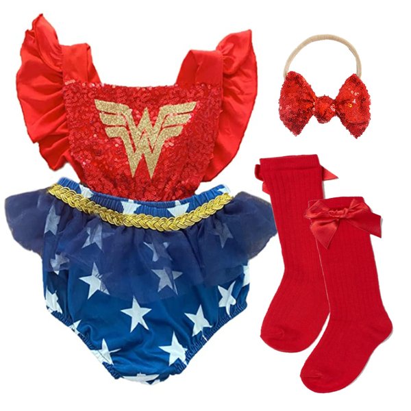 baby Girl superhero Halloween Costume customized baby girl costume superhero girl sequin romper high knee socks and matching bow (6-12M)