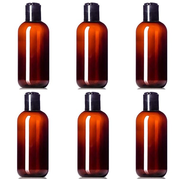 8oz Plastic Amber Bottles (6 Pack) BPA-Free With Disc Cap, Boston Round
