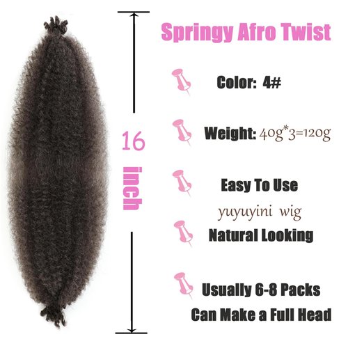 Springy Afro Twist Hair 3Pcs 16in Pre-Separated Kinky Marley Twist Braiding Hair for Distressed Faux Locs Synthetic Hair Extensions Cuban Twist Hair(4#-Natural brown)