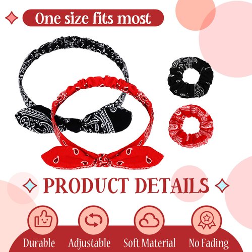 Hoteam 2 Set Bandana Headband and Bandana Scrunchies for Women and Girls, Elastic Paisley Headbands Paisley Bandana Hair Tie Knot Retro Headbands Adjustable Headwrap (Red,Black)