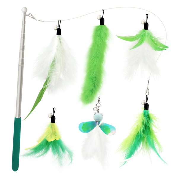 SONGWAY Cat Feather Toys Wand - 7 Pcs Interactive Cat Toys for Indoor Cat Kitten, Retractable Cat Wand Toy with 6 Feather Teaser Refills with Bell, Cat Fishing Pole Toy, Green