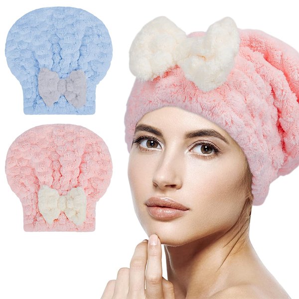 Arqumi Microfiber Hair Drying Towels - Hair Wrap with Bow-Knot Shower Cap,Coral Velvet Absorbent Turban for Women,2 Pack,Pink+Blue