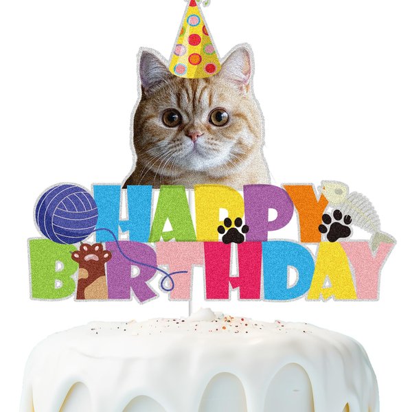 Cat Happy Birthday Cake Topper Colorful Glitter Cake Decorations pet Cat-Cat Lover Party Boys Girls Kids Cat Themed Party Supplies