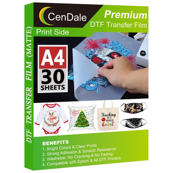 CenDale DTF Transfer Film - A4(8.3" x 11.7") 30 Sheets Double-Sided Matte Clear PreTreat Sheets- PET Heat Transfer Paper for DYI Direct Print on T-Shirts Textile