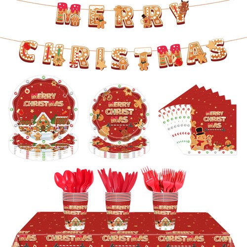 Christmas Party Supplies Decorations, 170 Pcs Disposable Dinnerware Set for 24, Plates, Napkins, Cups, Cutlery, Tablecloth, Merry Christmas Theme