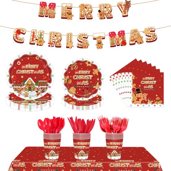 Christmas Party Supplies Decorations, 170 Pcs Disposable Dinnerware Set for 24, Plates, Napkins, Cups, Cutlery, Tablecloth, Merry Christmas Theme