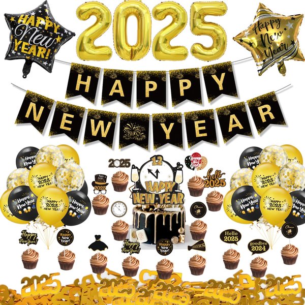 2025 New Years Eve Party Decorations Kit With New Year Banner, Gold Table Confetti, 2025 Foils Balloons and Cake Topper for Lunar New Year's Party Decorations
