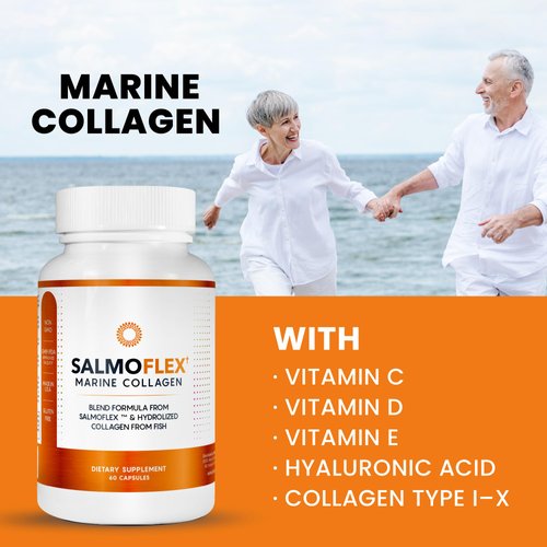 VITASEI Salmoflex Marine Collagen Peptides Pills W/Hyaluronic Acid, Vitamin C, D, E | Salmon Supplements - Hair, Skin, Nails | Multivitamin for Women & Men | Knee, Joint Relief - 60 Capsules