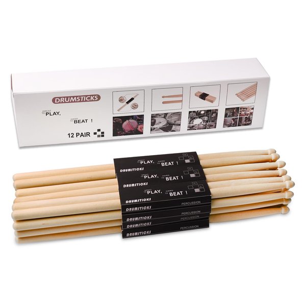 AQJUNONG Drum Sticks，7A Drumsticks, 12 Pairs Classic Maple Wood Tip Drum Sticks for Kids and Adults, Professional Musical Instrument Percussion Accessories