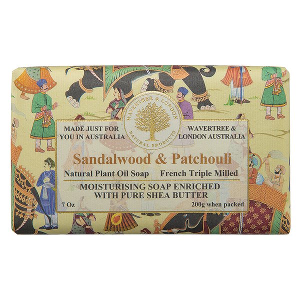 Wavertree & London Sandalwood Patchouli Scented Natural Soap Bar, 7oz Moisturizing French Triple Milled Soap Bar for Women & Men enriched with shea butter - For All Skin Types