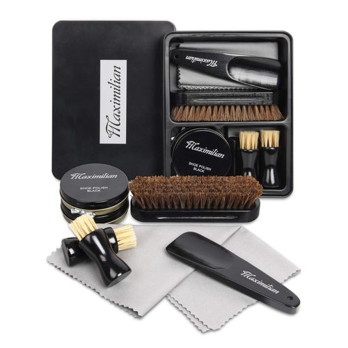 MAXIMILIAN Shoe Polish Kit 7 PC Leather Shoe Care Kit for Shoe Care and Cleaning with Neutral & Black Polish, 100% Horse Hair Shoe Brushes, Shine Cloths, Shoe Horn Father's Day Gift for men