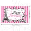 Paris Happy Birthday Backdrop Eiffel Tower Photography Background Paris Party Decorations Sweet Pink Stripes Birthday Party Supplies Party in Paris Dessert Table Decorations, 5.9 x 3.6 ft