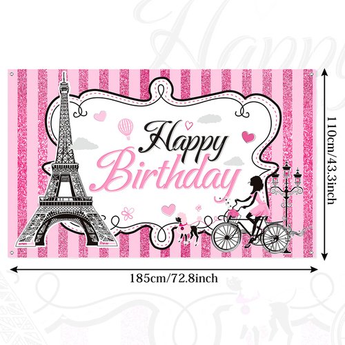 Paris Happy Birthday Backdrop Eiffel Tower Photography Background Paris Party Decorations Sweet Pink Stripes Birthday Party Supplies Party in Paris Dessert Table Decorations, 5.9 x 3.6 ft