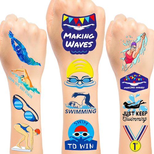 24 Sheets (144 PCS) Swimming Swim Team Temporary Tattoos Stickers, Swimming Swim Team Pool Sport Making Waves Party Favors Supplies Birthday Decorations Gifts for Swimmers Kids Teens Boys Girls