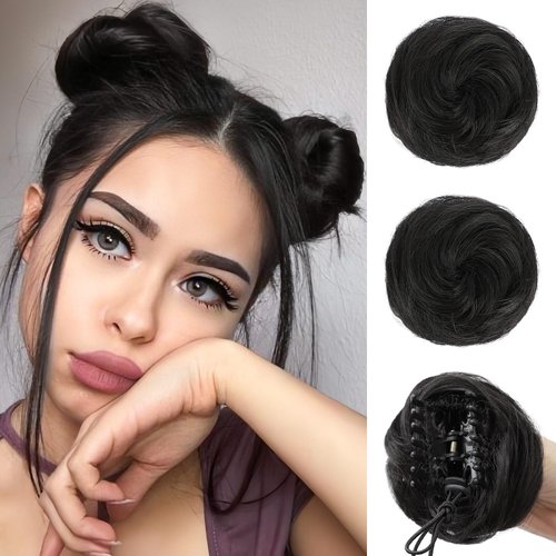 HANYUDIE Space Bun Hair Pieces Claw Clip in Hair Bun Mini Bun Hair Scrunchies Extension for Women Girls 2PCS Natural Black