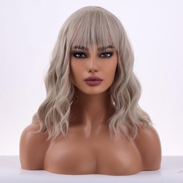 WTHCOS Blonde Wig Short Bob Wig Short Curly Wavy Hair Wig With Bangs Ash Blonde Wig for Women Girls Heat Resistant Synthetic Hair Wigs for Daily Use Cosplay Wig With Wig Cap