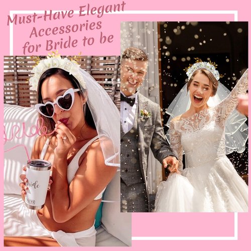 Edussy Bride Headband for Bachelorette - Bride To Be Outfit Pearl and Flowers Hair Accessory with Veil for Bachelorette Party Decorations Bridal Shower Gift Bride Accessories