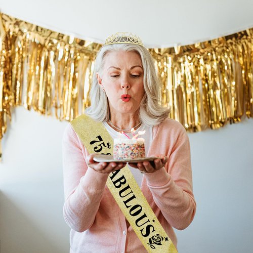 Casoty 75th Birthday Sash and Tiara for Women, Womens 75th Birthday Gifts, 75th Birthday Sash and Crown Set, Happy 75th Birthday