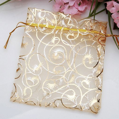 GBSTORE 100 Pcs Champagne Eyelash Organza Drawstring Pouches Jewelry Party Wedding Favor Gift Bags Gold Color Perfect Lace