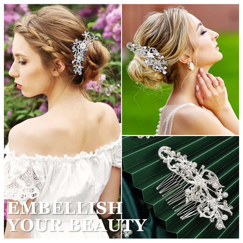 64 Pieces Wedding Hair Comb Set, Include 20 Flower Rhinestone Hair Sticks, 20 Pearl Hair Pins, 3 Crystal Pearl Combs, Pearl Wedding Hair Vine, 20 U Shaped Pearl Hair Clip (Classic Style)