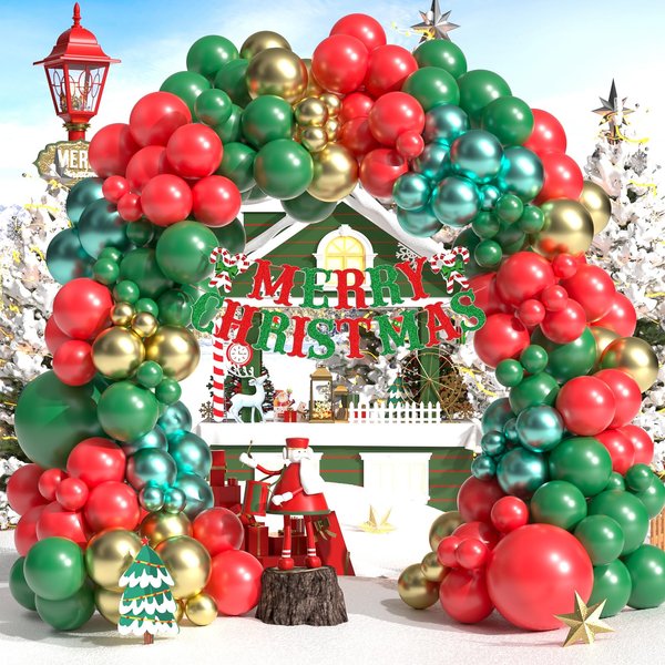Christmas Balloon Arch Kit 153 Pcs Christmas Balloon Arch Garland Kit Include Green Red Gold Balloons for Christmas Party Decorations Supplies