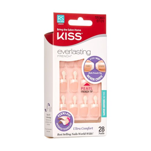 KISS Everlasting Press On Nails, Nail glue included, 'String Of Pearls', French, Real Short Size, Squoval Shape, Includes 28 Nails, 2g Glue, 1 Manicure Stick, 1 Mini file