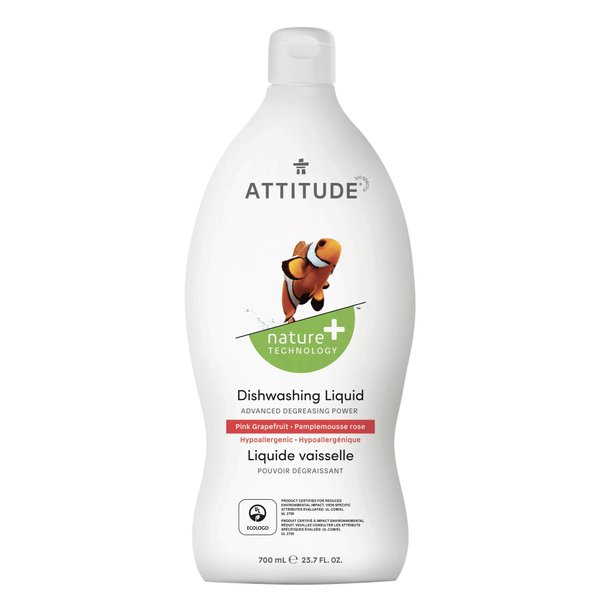 ATTITUDE Dishwashing Liquid, EWG Verified, Vegan Dish Soap, Plant Based, Naturally Derived Products, Pink Grapefruit, 23.7 Fl Oz