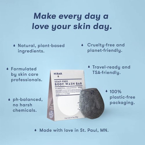 HIBAR - Clarify Solid Body Wash Bar - Detoxify & Purify - With Activated Charcoal & Salicylic Acid - Daily Use & Sensitive Skin - Plastic, Paraben & Soap-Free - Vegan - Cedarwood + Moss