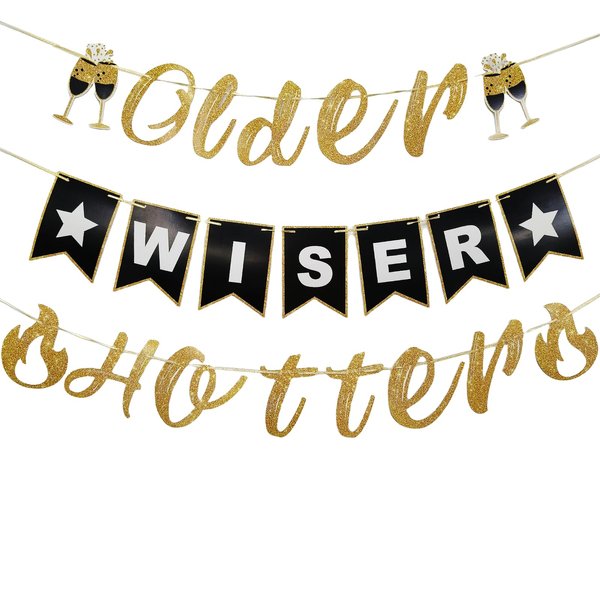 Pre-Strung Older Wiser Hotter Birthday Decorations, Gold Glitter Older Wiser Hotter Banner, Funny Birthday Decorations, Gold Black Party Decor Supplies for 30th 40th 50th 60th 70th 80th Women Men