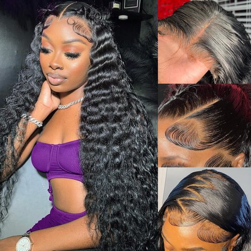 AskWish 30 Inch Lace Front Wig Human Hair Pre Plucked 13x4 Transparent HD Lace Frontal Wigs Human Hair Deep Wave Lace Front Wigs Human Hair 180% Density Curly Wigs for Black Women