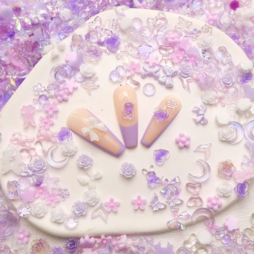 100 Pcs 3D Resin Nail Charms Butterfly Nail Charms Mixed Shape Flower Moon Bow Design Nail Charm Rhinestones Pearls Charms for Nail Art DIY Nail Accessories Nail Supplies Decoration for Women Girls