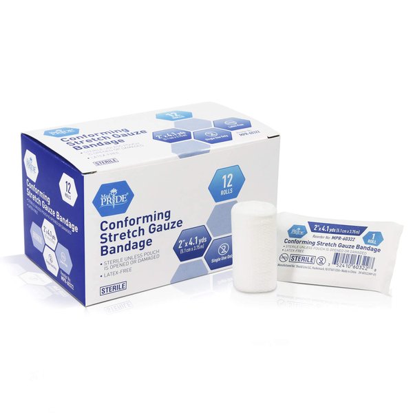 MED PRIDE Conforming Stretch Gauze Bandages 12 Rolls 2'' x 4.1 Yards | Sterile Latex Free First Aid Pads | Wound Care Rolled Dressing Wrap | Medical Non-Adherent Mesh Bandages