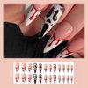 Rchovsam Halloween Scream Grimace Press on Nails White French Long Almond Fake Nails Bleed Design Glue on Nails Full Cover Gel Nails Kit for Womens 24pcs