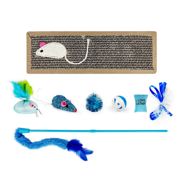 TTcat Cat Toys Kitten Toys Set, Cat Scratching pad with Catnip,Cat Wand Toy,Interactive Kitty Toys Cat Feather Toy Catnip Toy Fluffy Mouse Crinkle Balls for Cat Kitty Kitten (Blue)…