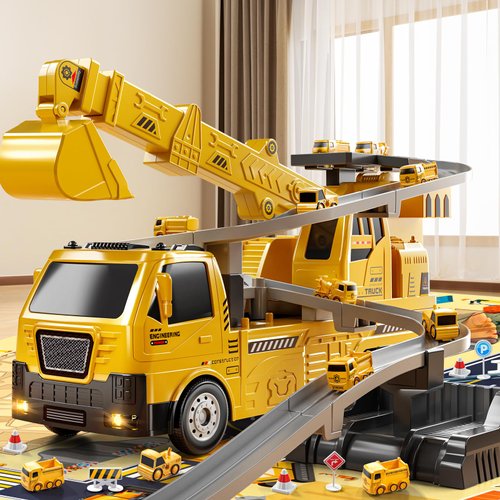 NIPLOOOW 2 in 1 Construction Cranes Truck Toy Playset, Engineering Excavator Track Set with Crane, Excavator, Track, Transport Vehicles, Sound & Light, Gift for Age 3 4 5 6 Years Old Boys Girls