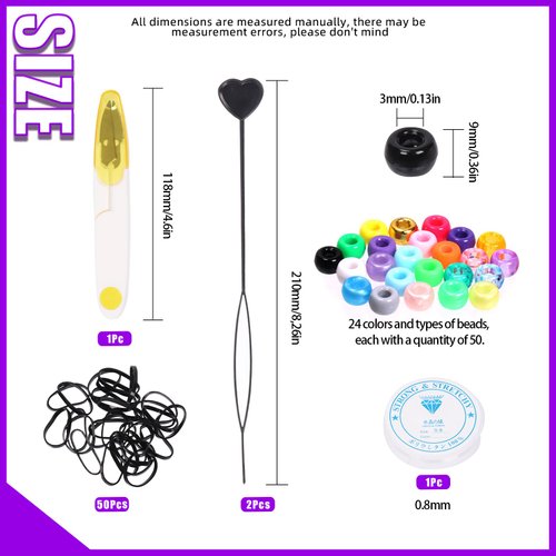 Swpeet 1254Pcs 24 Colors Beads for Hair Braids Kit, Hair Beaders Rubber Bands, Including Candy Pony Beads, Elastic Rubber Bands, Quick Beaders for Kids Hair Braids, Scissors and Bead Thread