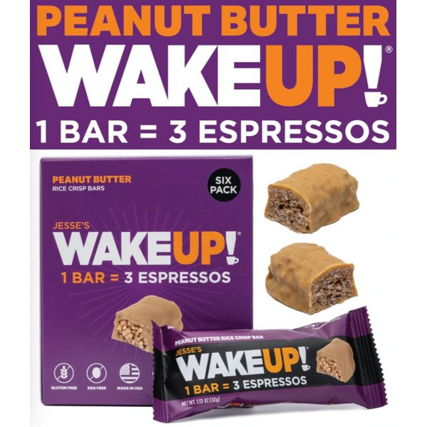 WAKE UP! Caffeinated Peanut Butter Protein Bars - Gluten Free, Vegetarian, 350mg Caffeine (1 Bar = 3 Espressos) - Boosts Focus and Clarity - Kosher Ingredients - 6 Pack