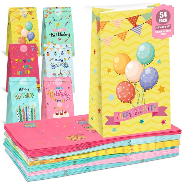 VGOODALL 54PCS Birthday Paper Gift Bags, Happy Birthday Party Favor Bags Goodie Bags Gift Bags Treat Bags for Kids Birthday Party