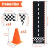 Anglekai 12+24 Traffic Cones and Racing Checkered Flags, 24 Checkered Flags with Sticks/ 12 Racing Traffic Cones/ 9.8Ft Checkered Triangle Flags/ 6.9Ft Racetrack Floor Running Mat for Race Car Party (Orange)