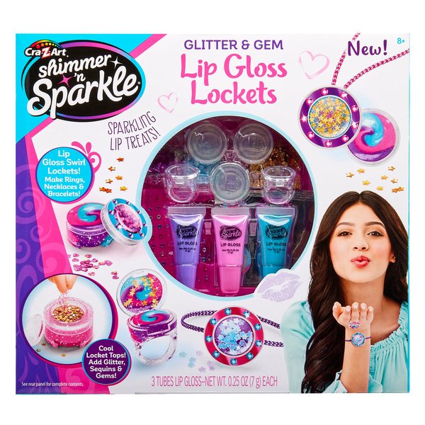 Cra-Z-Art Shimmer 'n Sparkle Glitter & Gem Lip Gloss Lockets DIY Activity Set, DIY Lip Gloss Maker, Birthday for Ages 8 and Up