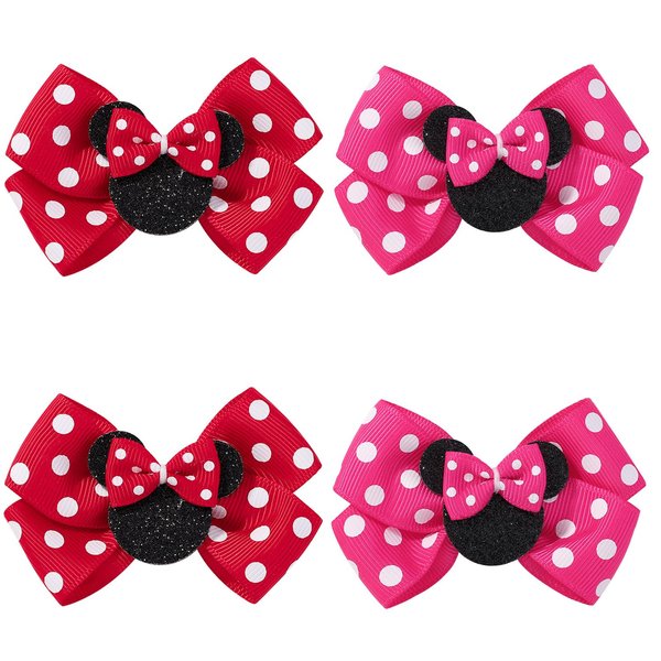 Glitter Mouse Ears Hair Bows Clips - 3-Inch Cute Hair Accessories for Baby Girls, Kids, and Women - Ideal for Birthdays, Parties, Cosplay, and More! (Red Pink)