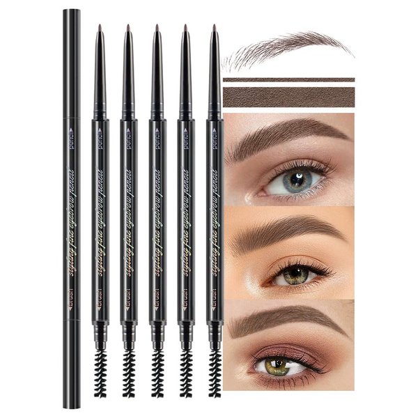 5 Pcs Waterproof Dual-Sided Fine Tip Brow Pencils Pack,Ultra-Fine Mechanical Pencil,Draws Tiny Brow Hairs, Defines, Fills Brows, Shapes, Contours, Combs, (Pack of 5)-Tea