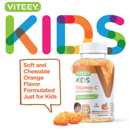 Kids Vitamin C Gummies with Echinacea - Immune Support for Kids, Toddlers, & Teens - Vegan, Gelatin Free, Gluten Free, GMO Free - Tasty Chewable Orange Flavored Kids Immunity Gummy