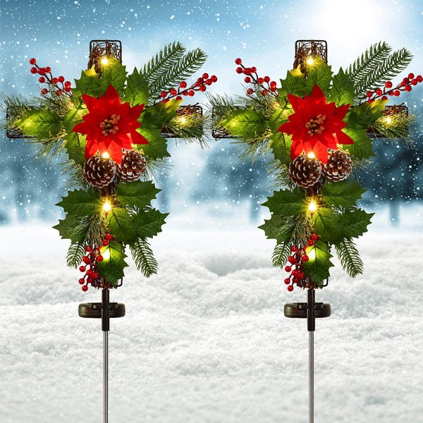 Doingart 2 Pack Outdoor Solar Lights Christmas Decorations, Cross Stake Lights with Faux Poinsettia Pine Cones Red Berries and Foliage for Garden Patio Grave