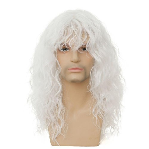 Dai Cloud Mens White Long Curly Wig 70s 80s Rocker Wig with Bangs Synthetic Heat Resistant Halloween Cosplay Costume Wig